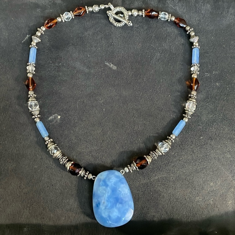 Hand crafted blue calcite polished stone necklace